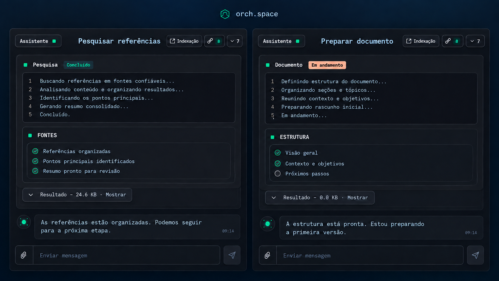 Visualização demonstrativa de dois painéis de agentes, dedicados à pesquisa de referências e à preparação de um documento.