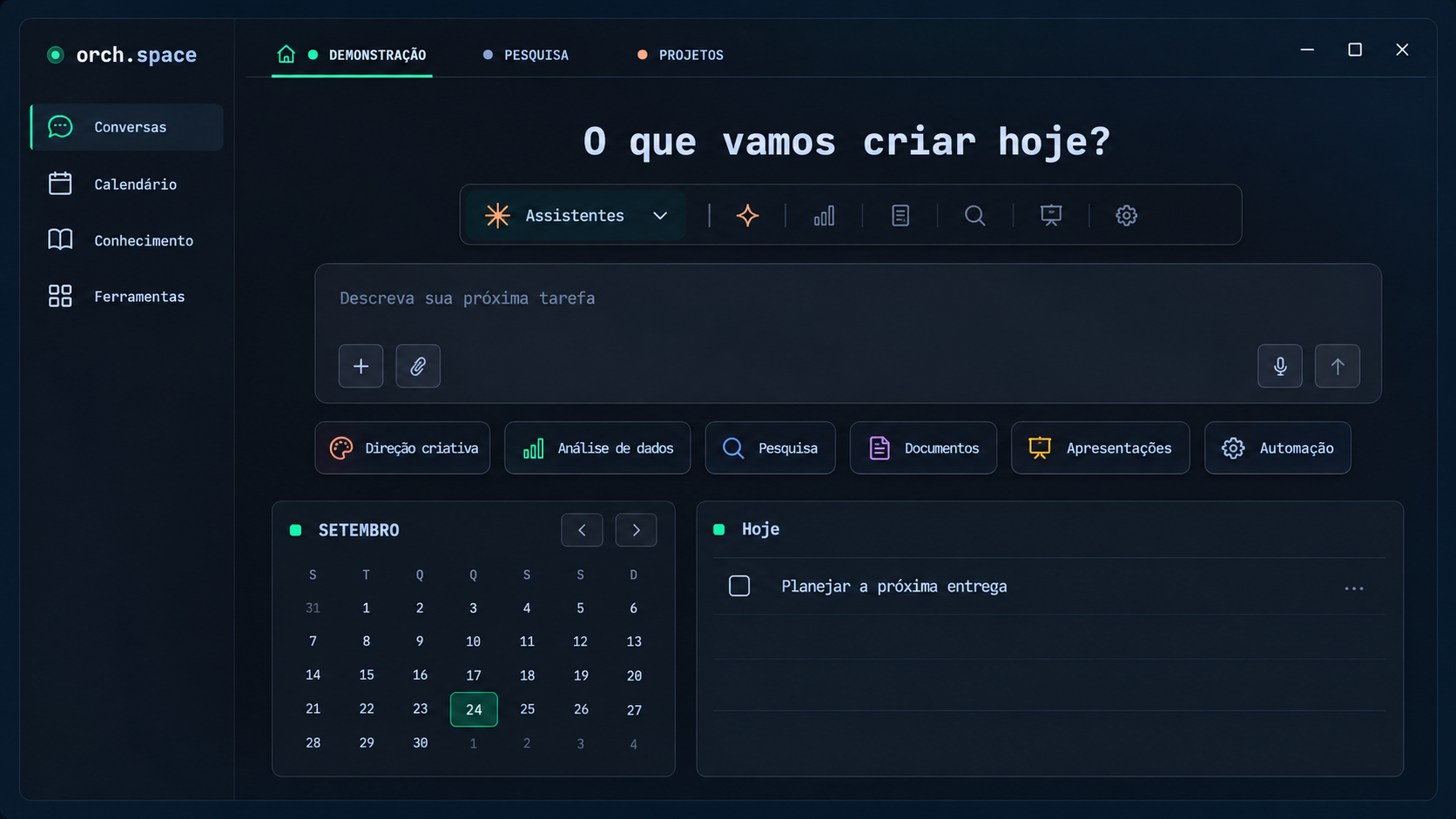 Visualização demonstrativa do orch.space: áreas de trabalho, escolha de agentes, assistentes e calendário reunidos na mesma interface.